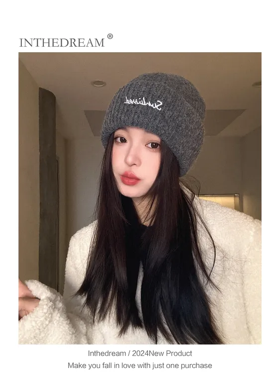 字母刺绣蓝色毛线帽女2025年秋冬季韩系百搭帽子显脸小保暖包头帽