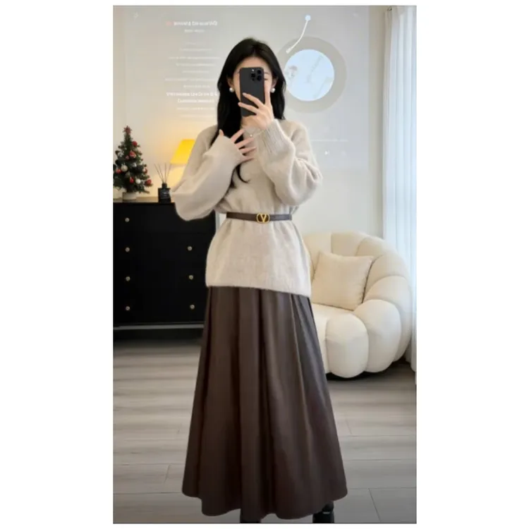 韩式搭配一整套冬装温柔风气质软糯圆领毛衣百搭垂感半身裙套装女