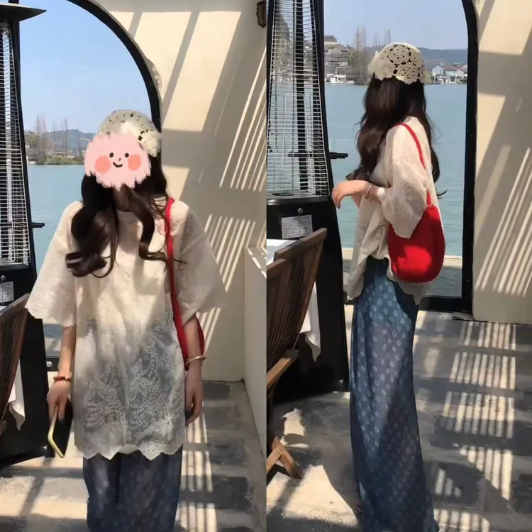 新款设计感压花蕾丝中共宽松短袖T恤舒适松紧腰长裤套装