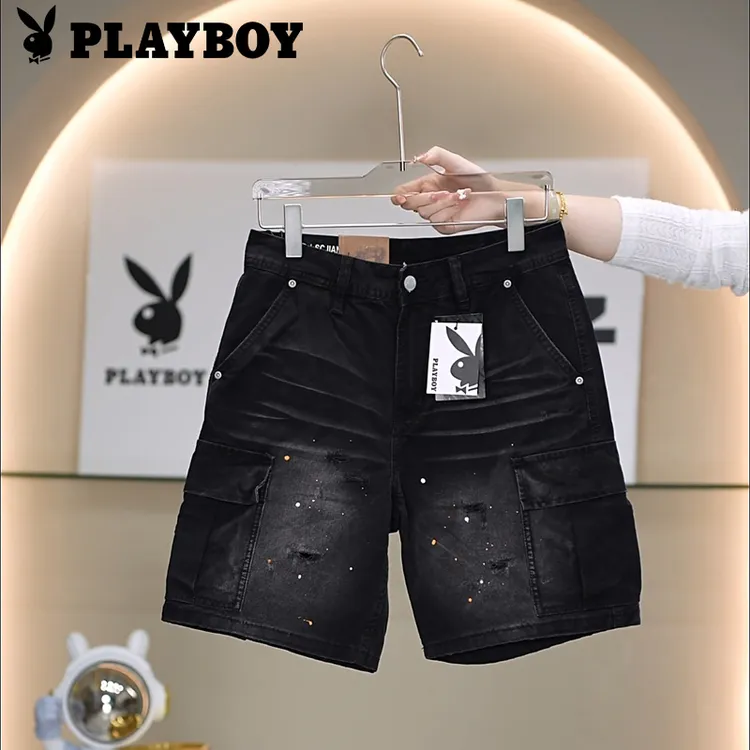 PLAYBOY/花花公子夏季薄款黑色男士美式复古点墨破洞透气工装短裤