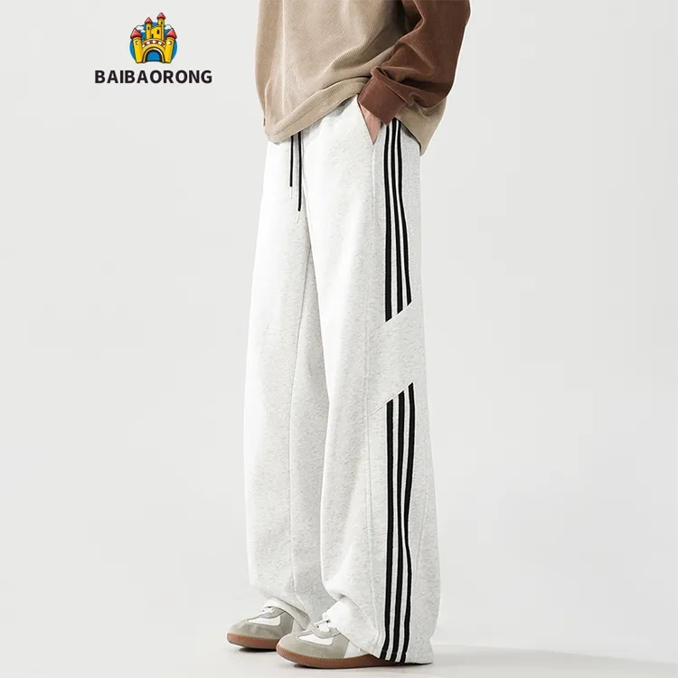 BAIBAORONG美式加大加肥码三条杠直筒卫裤男款宽松阔腿秋冬运动裤