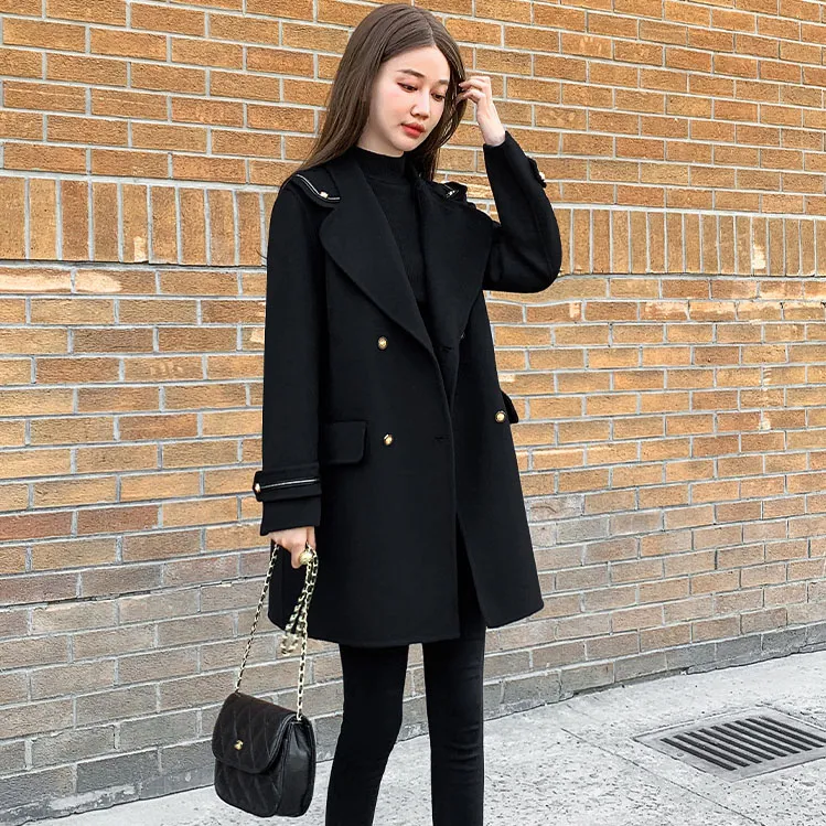 显瘦毛呢大衣女中长款毛呢外套秋冬女加厚呢子黑色时尚夹棉加厚