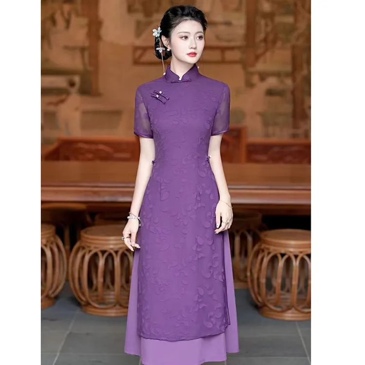 哥弟阿玛施正品粤奥改良旗袍妈妈装夏季2024新款日常穿连衣裙面料