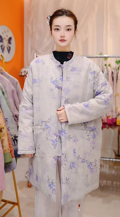 2025冬季新中式棉麻新款国风花色棉服小外套女棉衣