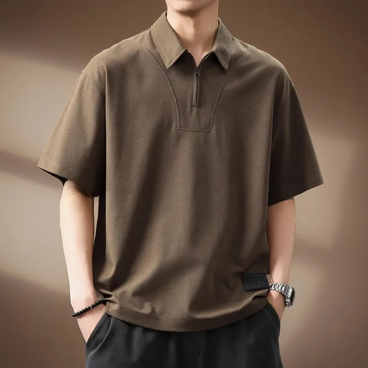 新款高端莱赛尔半拉链短袖Polo衫男2025夏季宽松质感保罗衫T恤男
