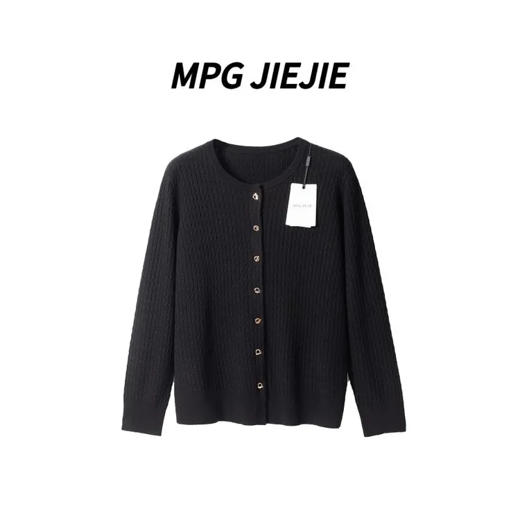 MPG JIEJIE【腔调开衫】25春秋长袖时尚休闲黑色格子圆领针织衫
