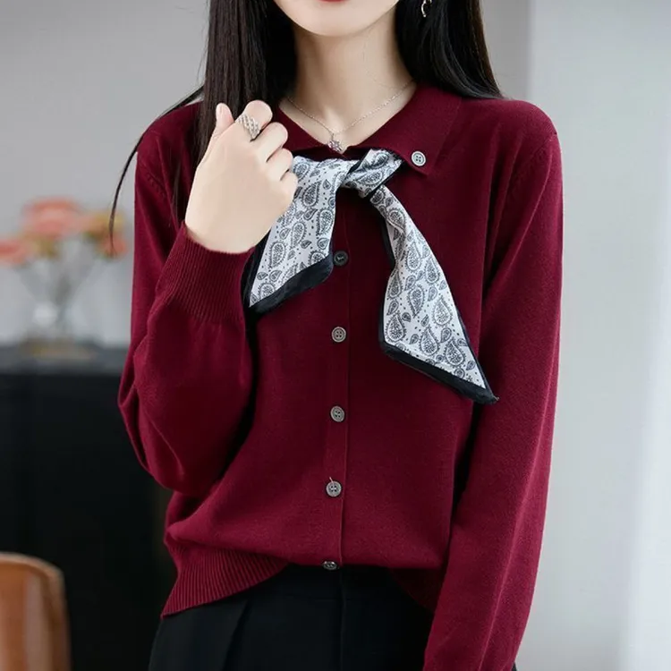 2025秋季翻领丝巾POLO领长袖针织衫修身女减龄显瘦气质洋气上衣