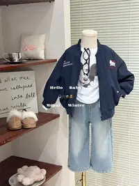 冬季女童棒球服外套刺绣KT卡通防风加厚夹棉外套配直筒牛仔裤