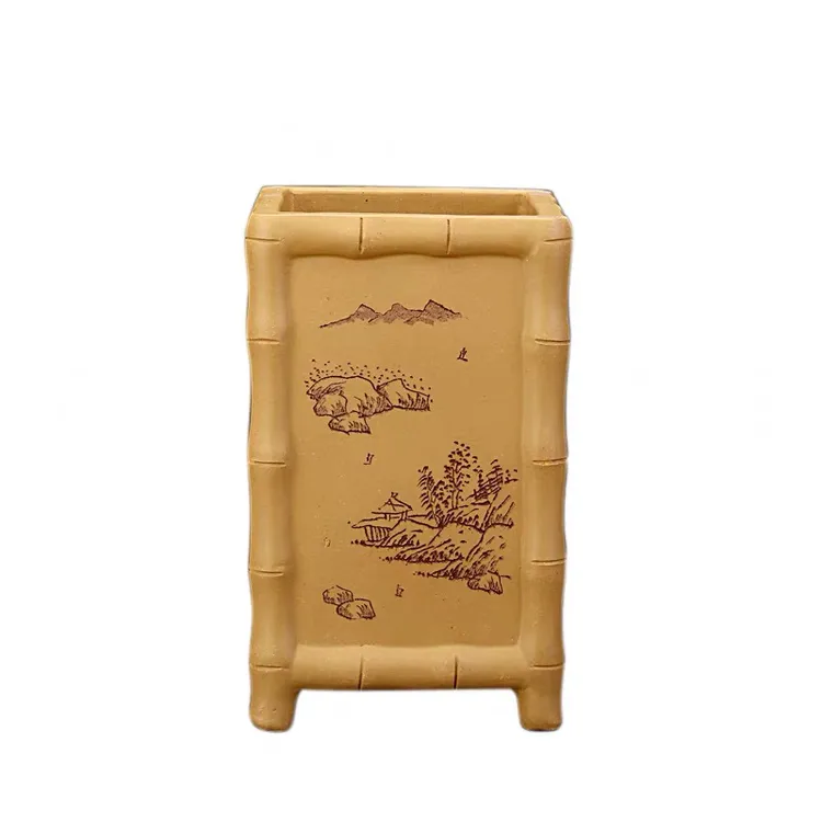 黄金段泥手工四方竹节紫砂兰花盆