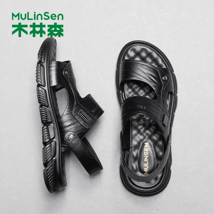 木林森凉鞋男夏季外穿全牛皮真皮沙滩凉拖防滑两用开车爸爸老人鞋