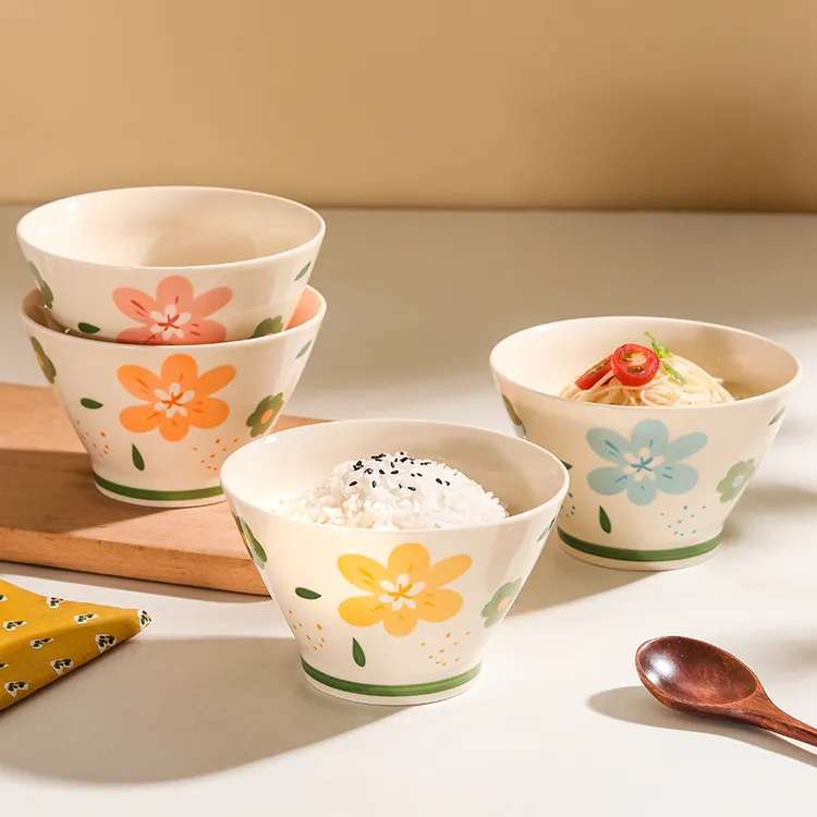 【居聪】四季繁花5英寸斗笠碗4个装家用陶瓷手绘釉下彩吃饭碗餐具