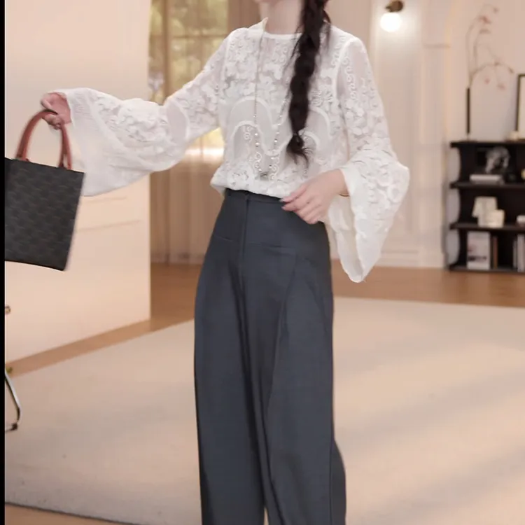 【久依专属】秋新款蕾丝上衣+高腰休闲西裤时尚两件套套装LK2505482