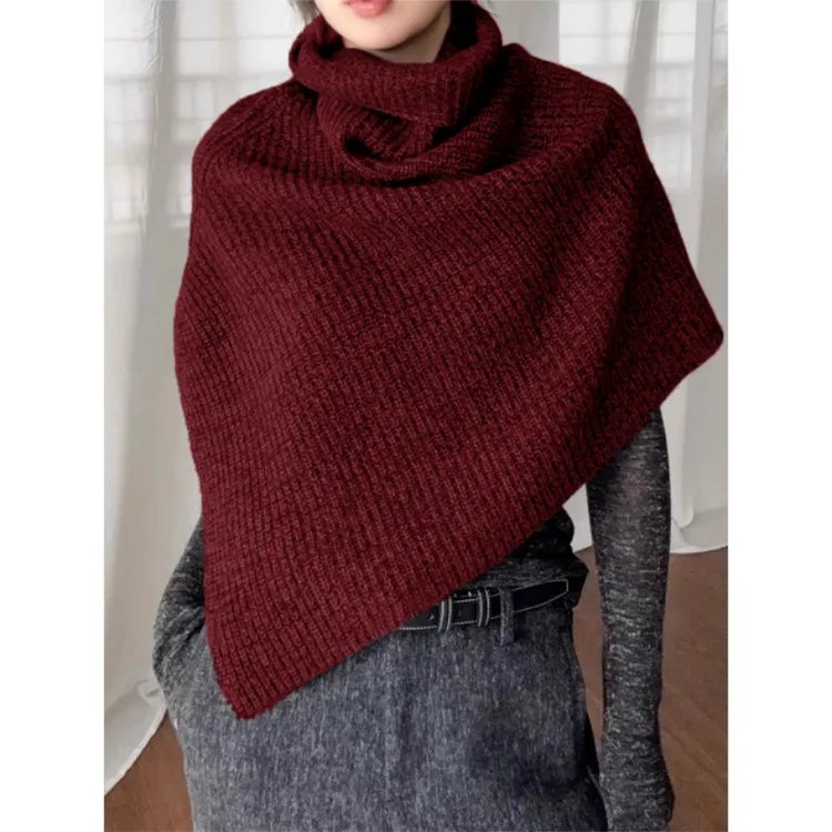 高级感酒红色高领针织围脖不规则围巾女秋冬披肩开叉安哥拉红脖套