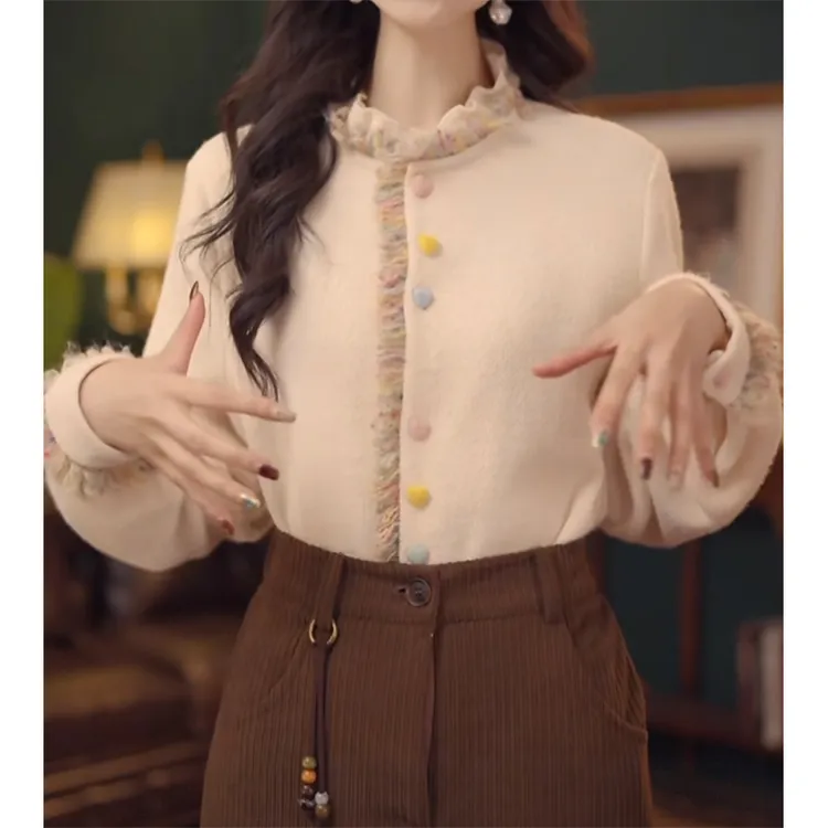 复古港风彩色纽扣百搭衬衫女2025秋冬新款设计感时尚减龄厚款上衣