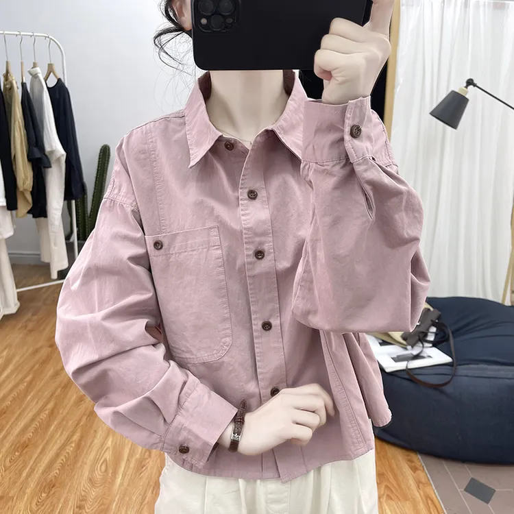 春秋新款纯棉衬衣polo领宽松长袖衬衫女减龄上衣高品质时尚外套
