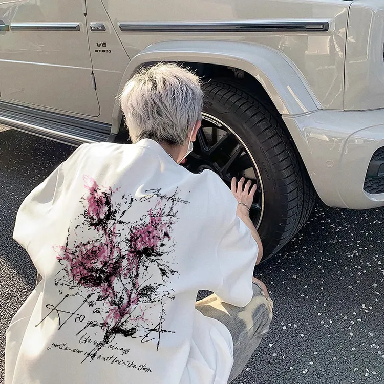 美式潮牌玫瑰花印花纯棉短袖t恤男夏季重磅高街半袖情侣宽松体恤