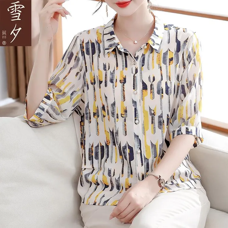 雪夕五十多岁妈妈夏装气质翻领衬衫中老年女洋气T恤2025新款上衣