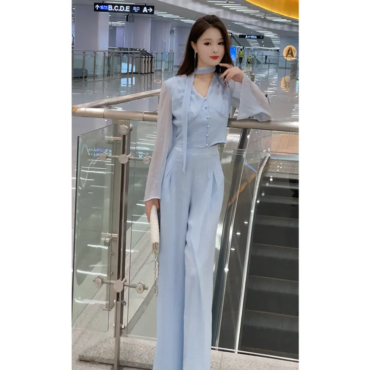 格润雅新款女装时髦洋气套装设计感v领上衣垂感阔腿裤显瘦两件套