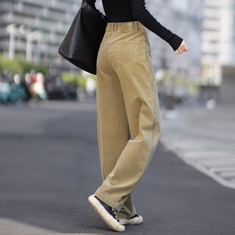 卡其色加绒休闲裤女款爆款2025新款秋冬灯芯绒高腰条绒裤弯刀裤
