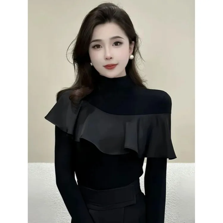 半高领荷叶边拼接春季新款长袖恤女修身显瘦百搭洋气质上衣