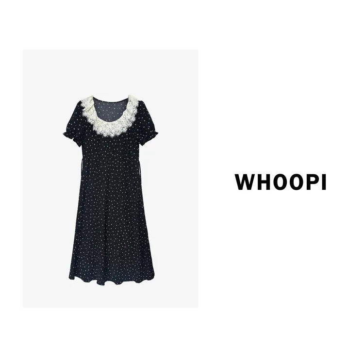 【Whoopi】【繁星点点】法式蕾丝花边领显瘦裙子黑色碎花连衣裙