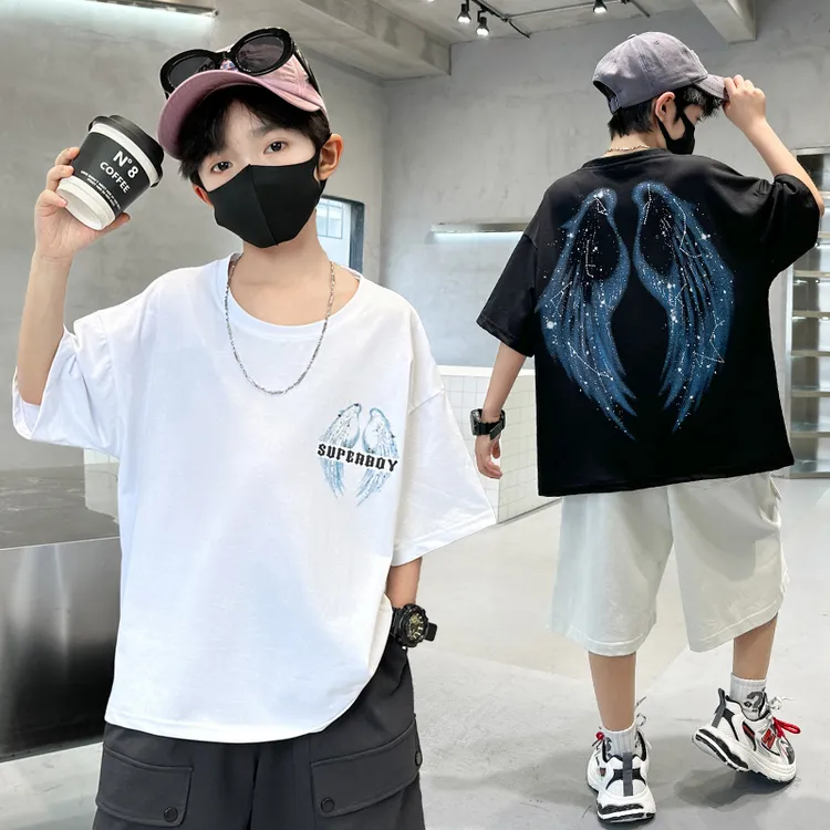 夏季新款修身短袖印花T恤美式休闲潮流薄款男童时尚上衣青春日常