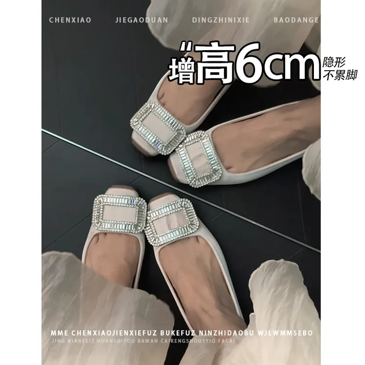 绸缎内增高6cm方扣2025新款法式透气不累脚秋季水钻扣浅口单鞋女