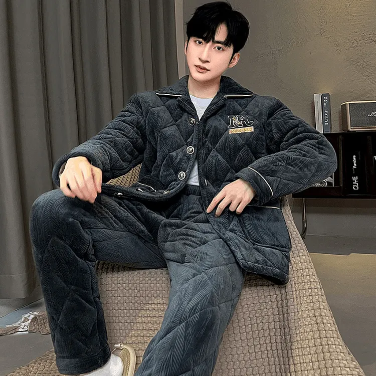 男士睡衣冬款加绒加厚家居服套装新款保暖厚款棉服三层夹棉睡衣