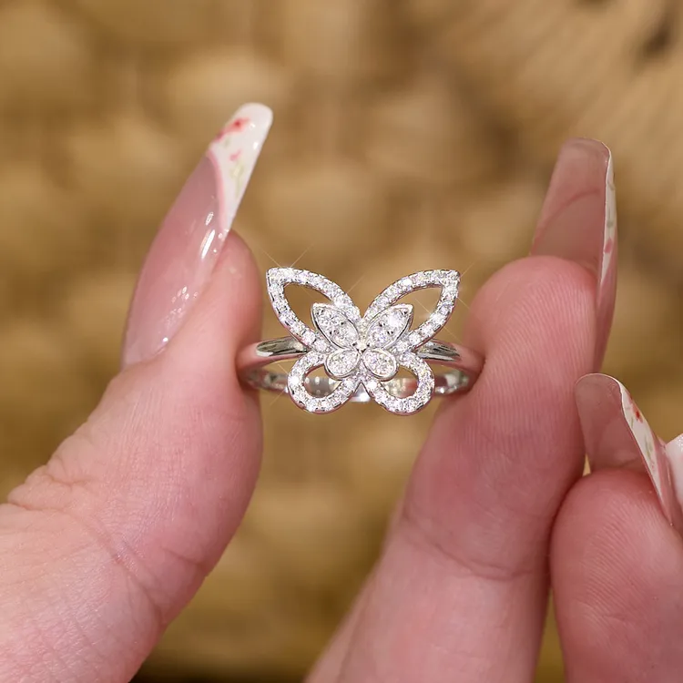 恒美娜 925银莫桑石戒指 五周年庆双蝶戒指 气质经典轻奢时尚日常