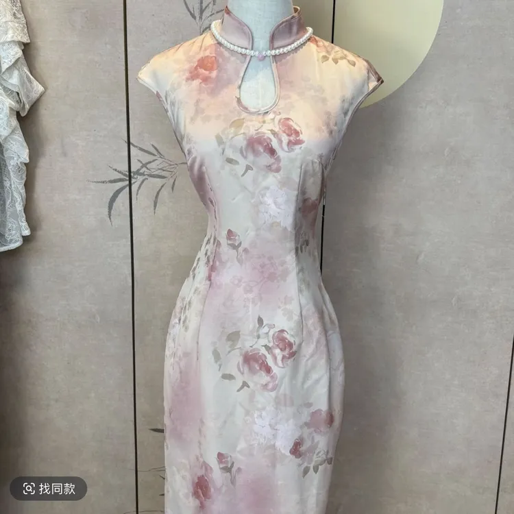 【朝花夕拾】新中式缎面提花改良温柔旗袍连衣裙 水滴领