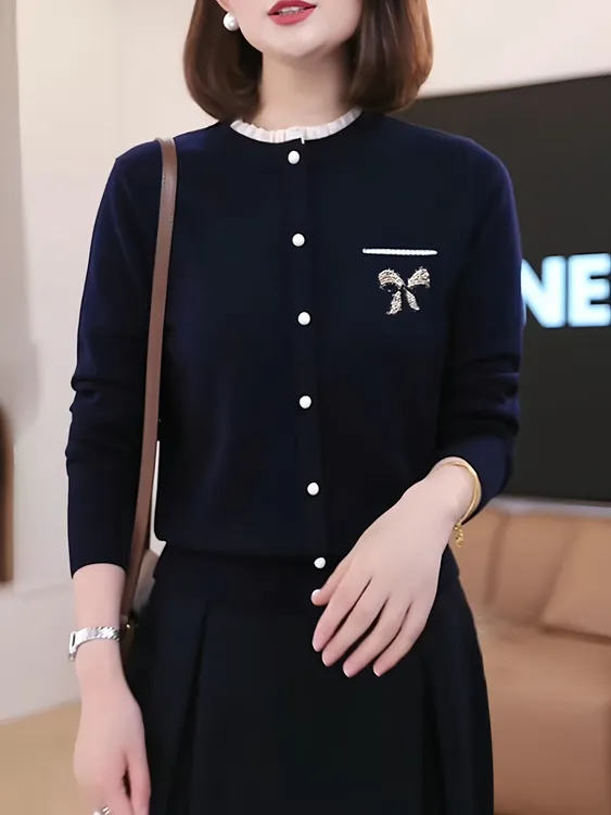 木耳边圆领针织开衫女2025冬季新款时尚气质洋气修身显瘦减龄上衣