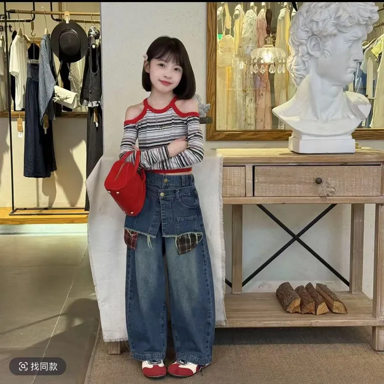 美式复古假两件拼接设计感宽松牛仔裤女童甜酷春季新款弯刀阔腿裤