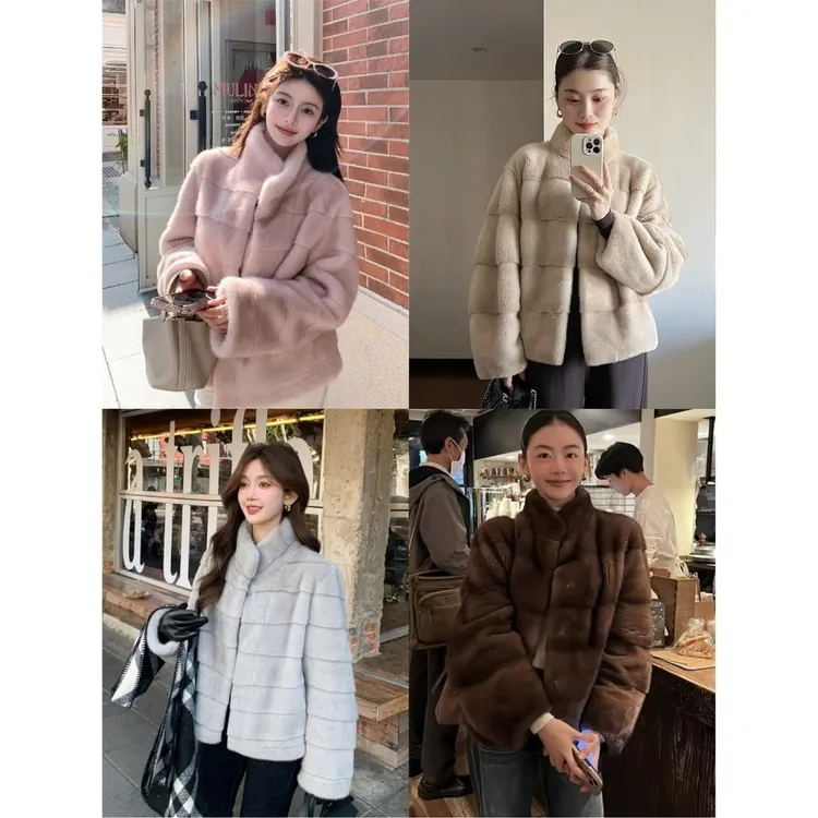 【阳初云层】 冬新款环保水貂皮大衣女冬皮毛一体立领短款毛毛外套