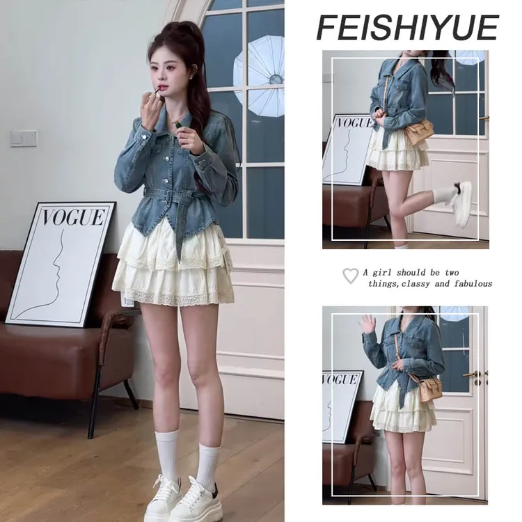 【现货】时尚一整套女装2025新款收腰牛仔外套高腰蛋糕短裙两件套