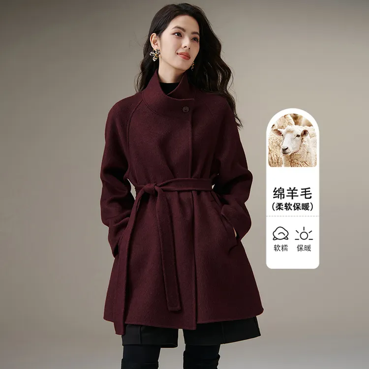 晚白【新品】2025冬短外套秋冬收腰系带大衣女25071520