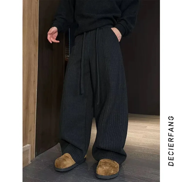 2025秋冬设计师款飘带抽绳竖条纹加绒休闲裤男潮牌百搭弯刀阔腿裤