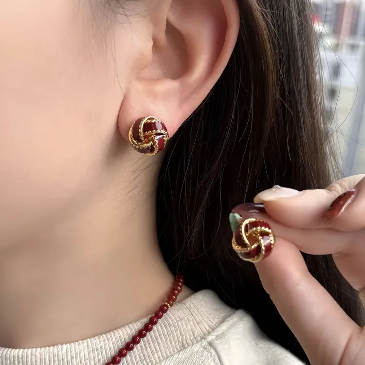 铜合金耳饰 新年红同心结滴釉耳钉女2025年新款爆款耳环轻奢耳饰
