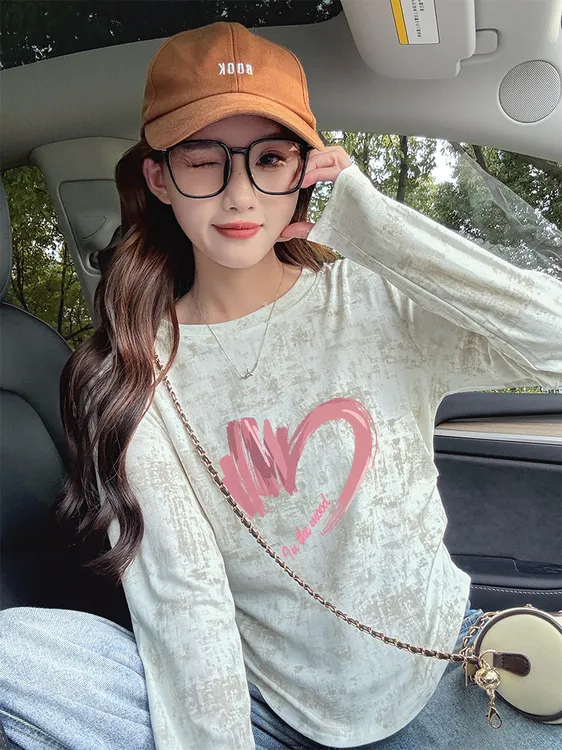 薄款扎染褶皱修身长袖T恤女2025秋季爆款韩版休闲炸街大码上衣潮