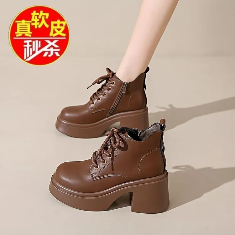 品牌断码真皮中跟马丁靴冬季粗跟英伦风厚底2025秋冬新款轻便短靴