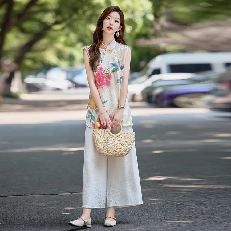 新中式时尚套装夏季新款洋气时髦唐装中国风复古马甲两件套女装