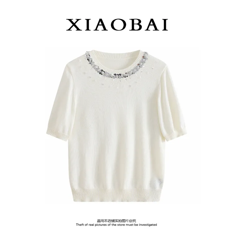 XIAOBAI 减龄钉珠亮片针织衫夏季圆领正肩短袖薄款透气时尚上衣女
