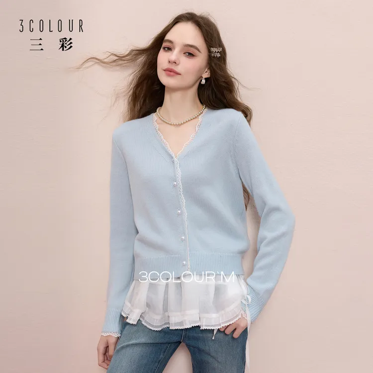 【绵羊毛】三彩2025秋冬季新款花边拼接针织衫V领毛衫开衫外套女M