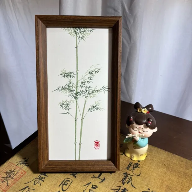 手绘国画竹子摆台，含框14.7×27.4，装饰画，竹报平安