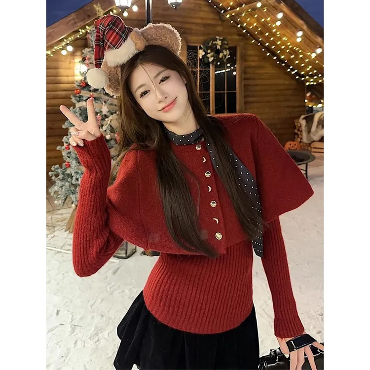 韩系穿搭红色斗篷毛衣套装女秋冬季2026年新爆款慵懒风高级感上衣