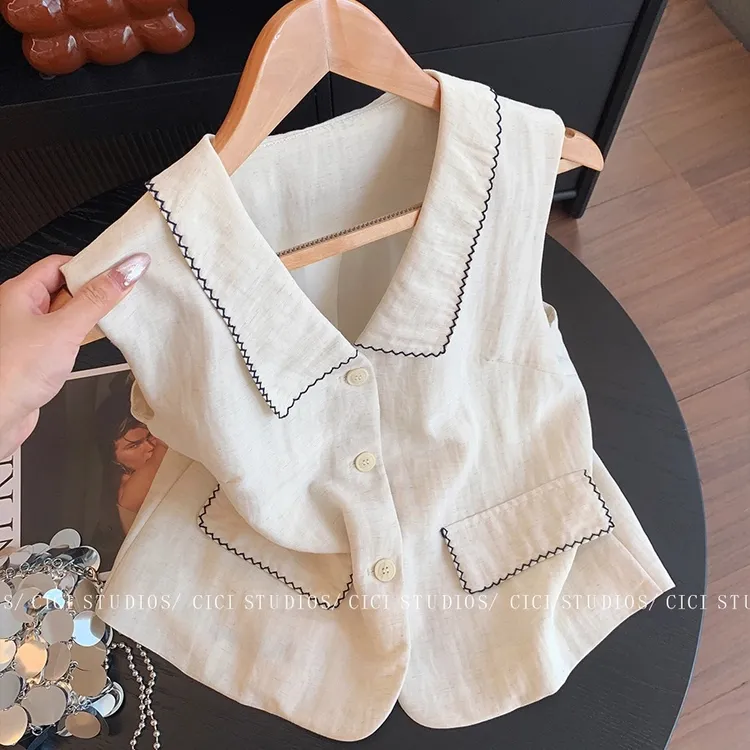 法式撞色钩边翻领无袖衬衫背心女夏2025新款宽松气质休闲简约上衣