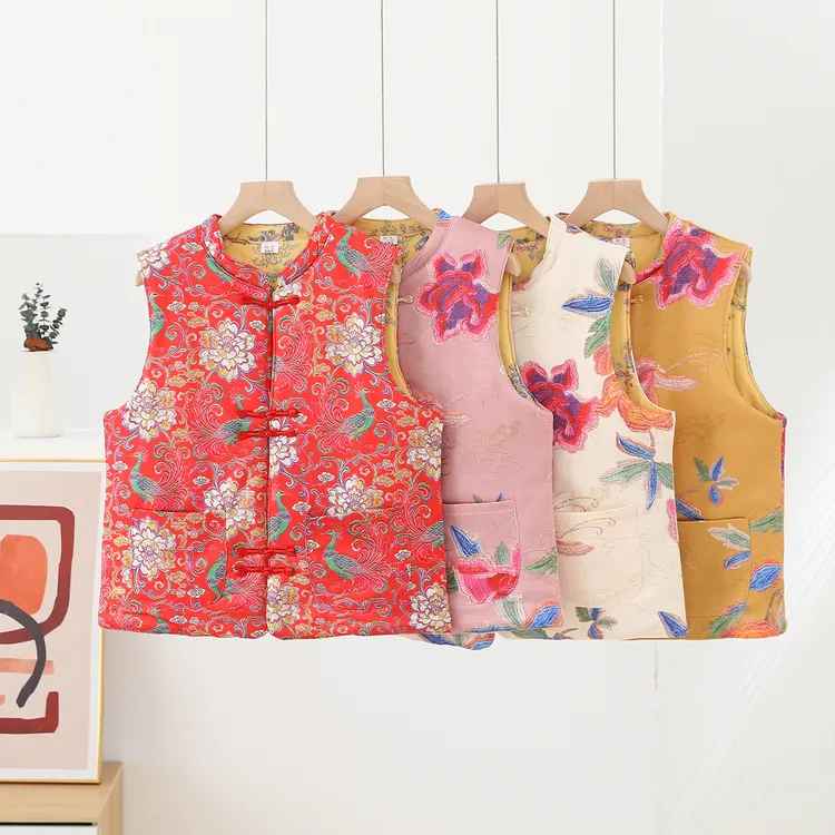 秋冬国风中式夹棉保暖马甲中老年花马夹提花复古妈妈时尚百搭舒适