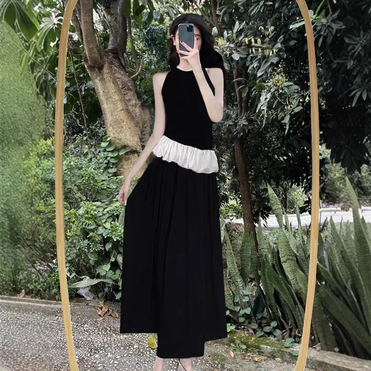 夏季半身裙背心荷叶边长裙套装气质女装两件套法式高腰黑色高级感