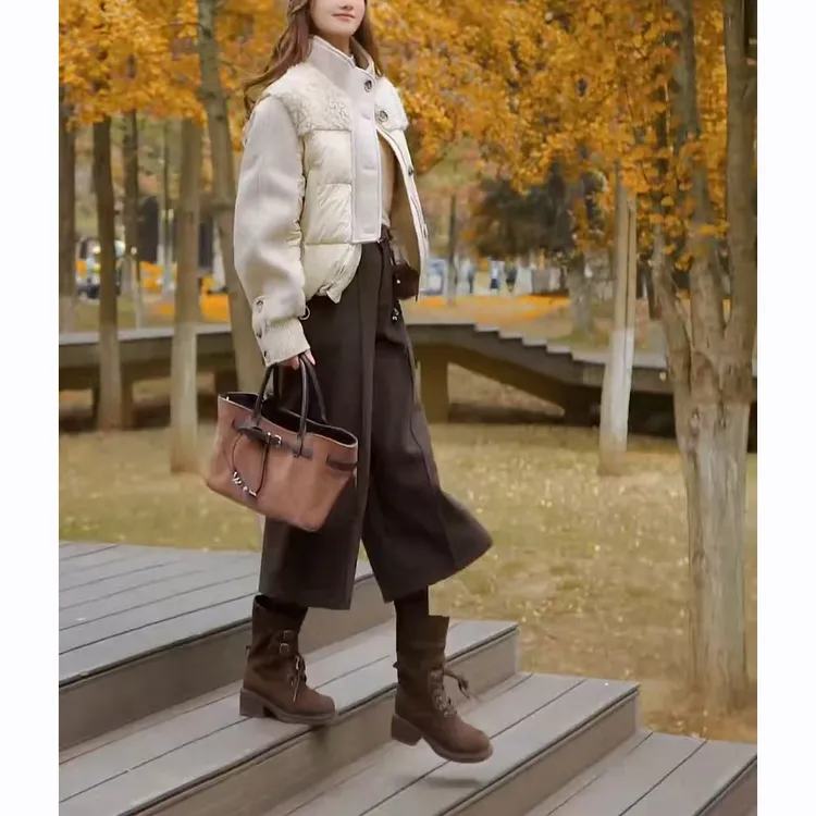 冬装搭配一整套2025年新款设计感拼接棉服外套高腰休闲裤两件套