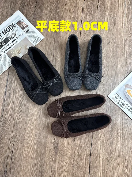 复古晚晚风一脚蹬灰色毛毡豆豆鞋蝴蝶结百搭不累脚平底芭蕾单鞋女