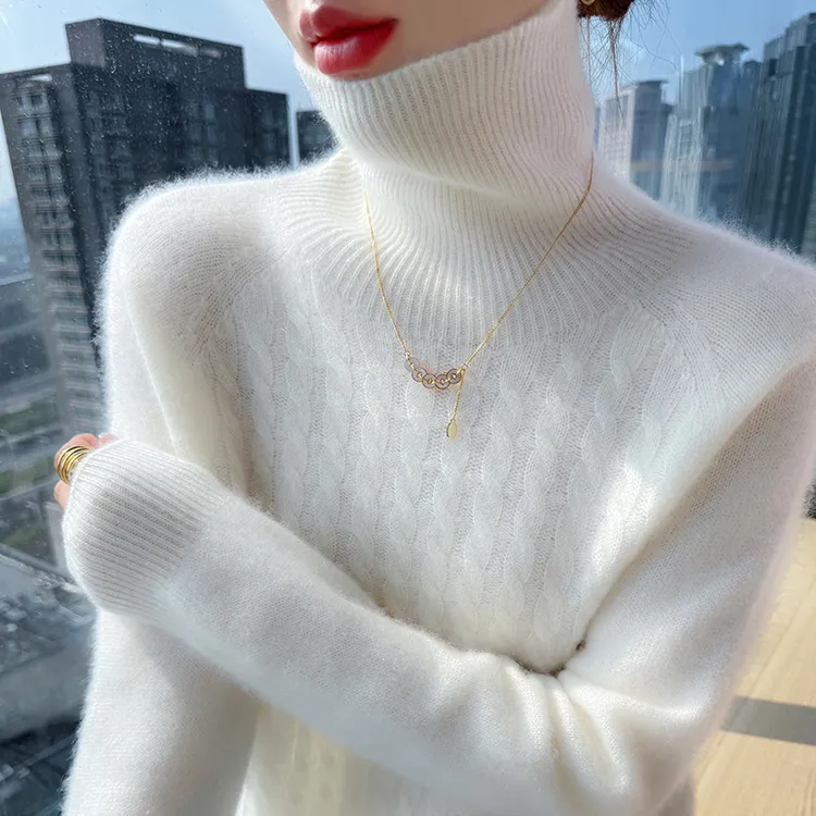 高端一线成衣七针双股麻花高领毛衣女100纯羊毛针织宽松厚打底衫